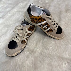 Premiata Rien Leather Animal Print Hair Sneakers with Black Beige Kids Size 34